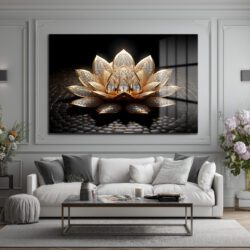 Altın Lotus Çiçeği Lüks Cam Tablo Duvar Dekoru Altın Lotus Çiçeği Lüks Cam Tablo