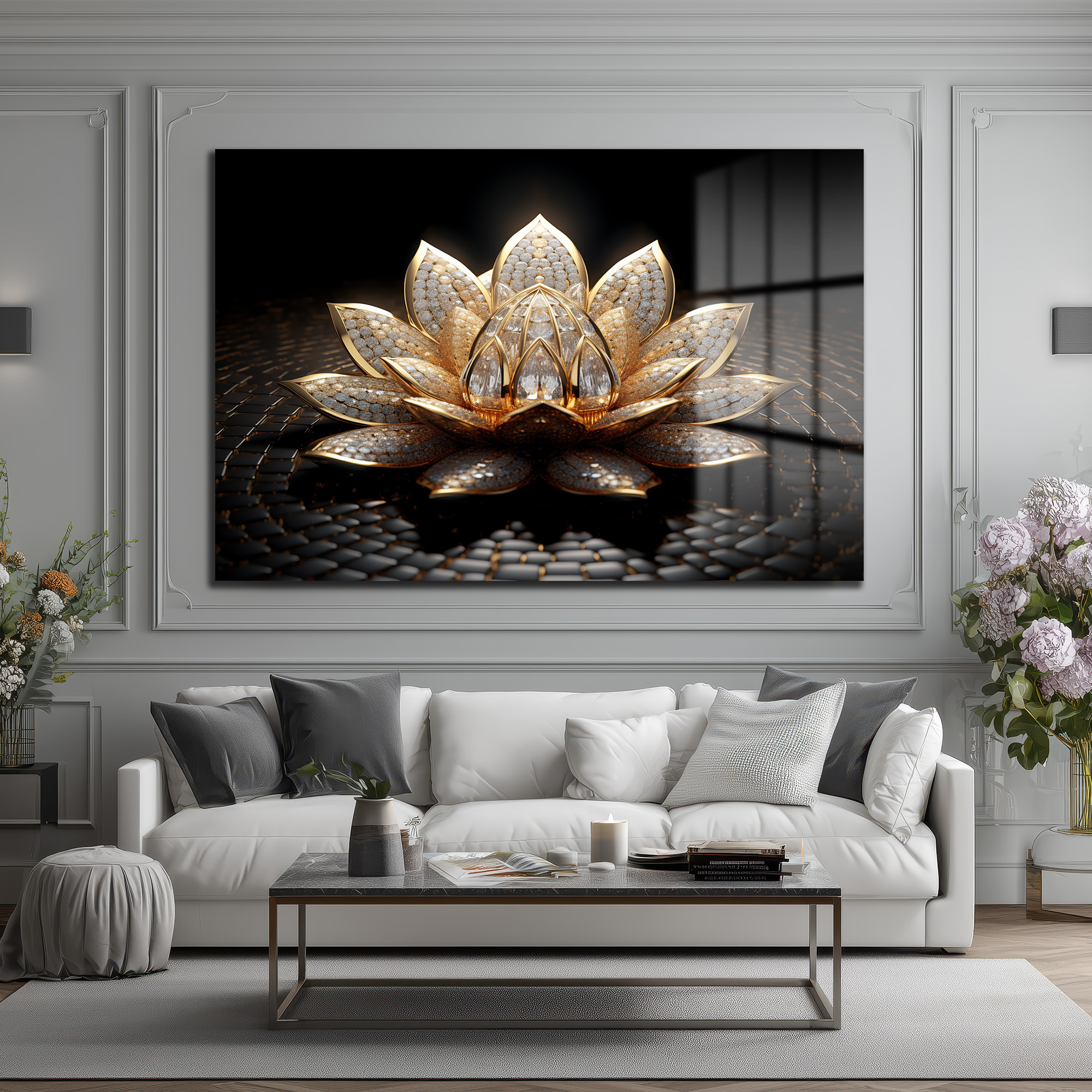 Altın Lotus Çiçeği Lüks Cam Tablo Duvar Dekoru Altın Lotus Çiçeği Lüks Cam Tablo