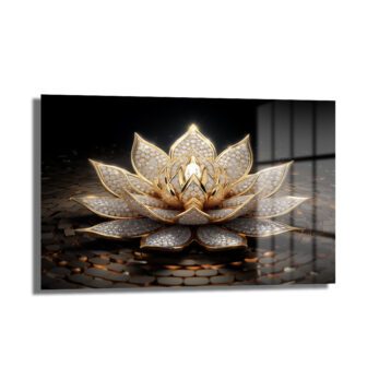 Işıltılı Altın Lotus Çiçeği Temalı Lüks Cam Tablo - Glazella Işıltılı Altın Lotus Çiçeği Temalı Lüks Cam Tablo - Glazella