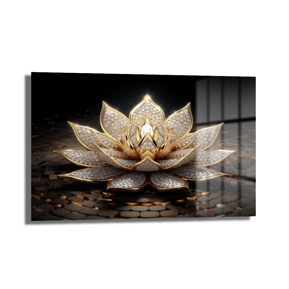Işıltılı Altın Lotus Çiçeği Temalı Lüks Cam Tablo Duvar Dekoru Işıltılı Altın Lotus Çiçeği Temalı Lüks Cam Tablo