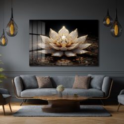 Işıltılı Altın Lotus Çiçeği Temalı Lüks Cam Tablo Duvar Dekoru Işıltılı Altın Lotus Çiçeği Temalı Lüks Cam Tablo