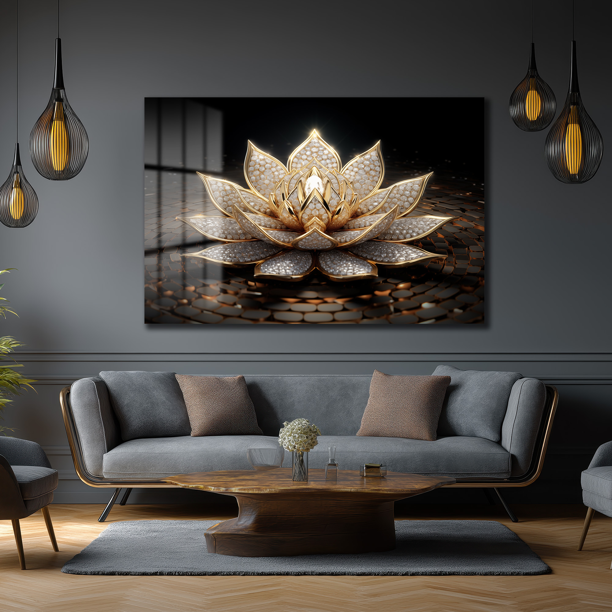 Işıltılı Altın Lotus Çiçeği Temalı Lüks Cam Tablo Duvar Dekoru Işıltılı Altın Lotus Çiçeği Temalı Lüks Cam Tablo