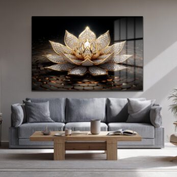 Işıltılı Altın Lotus Çiçeği Temalı Lüks Cam Tablo - Glazella Işıltılı Altın Lotus Çiçeği Temalı Lüks Cam Tablo - Glazella