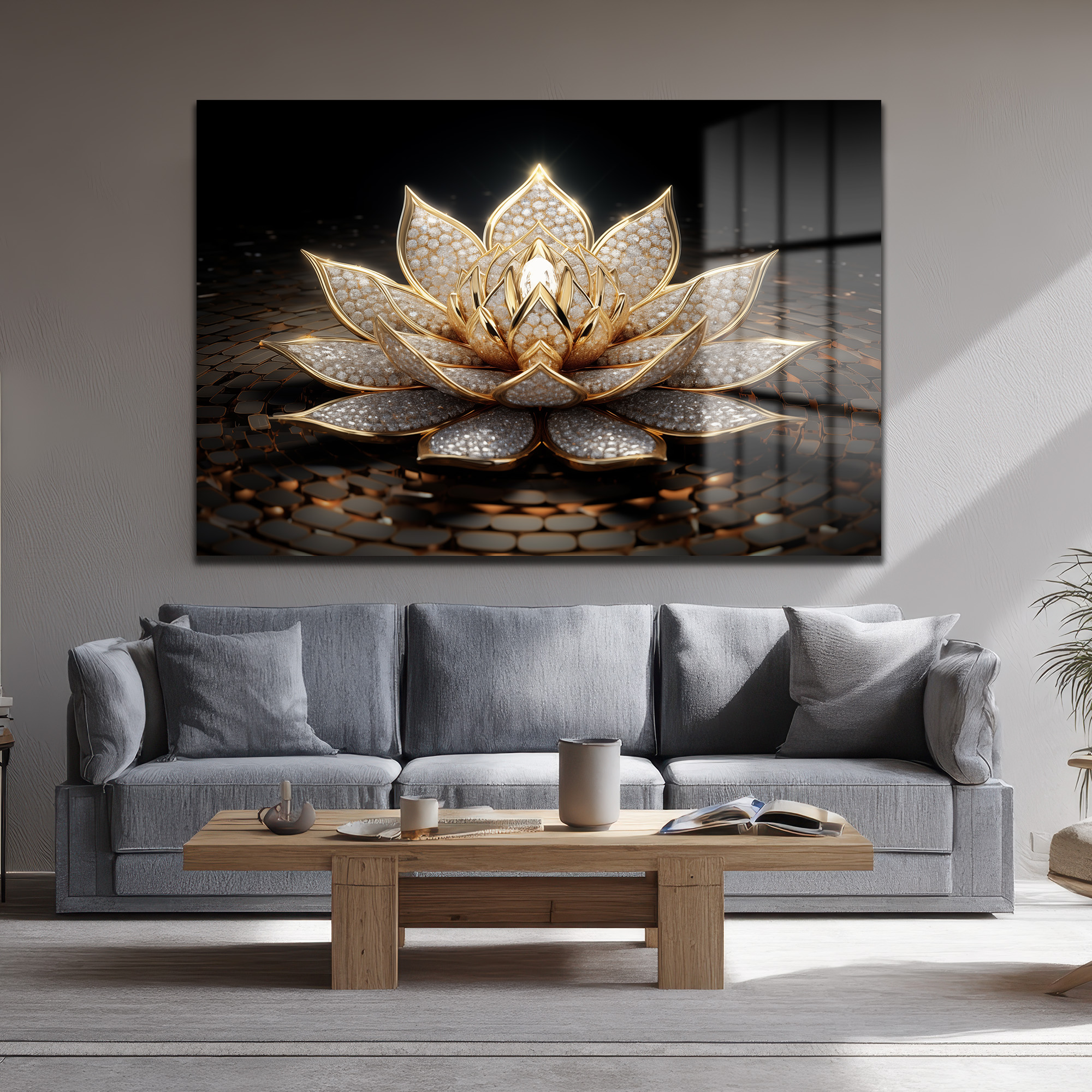 Işıltılı Altın Lotus Çiçeği Temalı Lüks Cam Tablo Duvar Dekoru Işıltılı Altın Lotus Çiçeği Temalı Lüks Cam Tablo