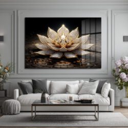 Işıltılı Altın Lotus Çiçeği Temalı Lüks Cam Tablo Duvar Dekoru Işıltılı Altın Lotus Çiçeği Temalı Lüks Cam Tablo