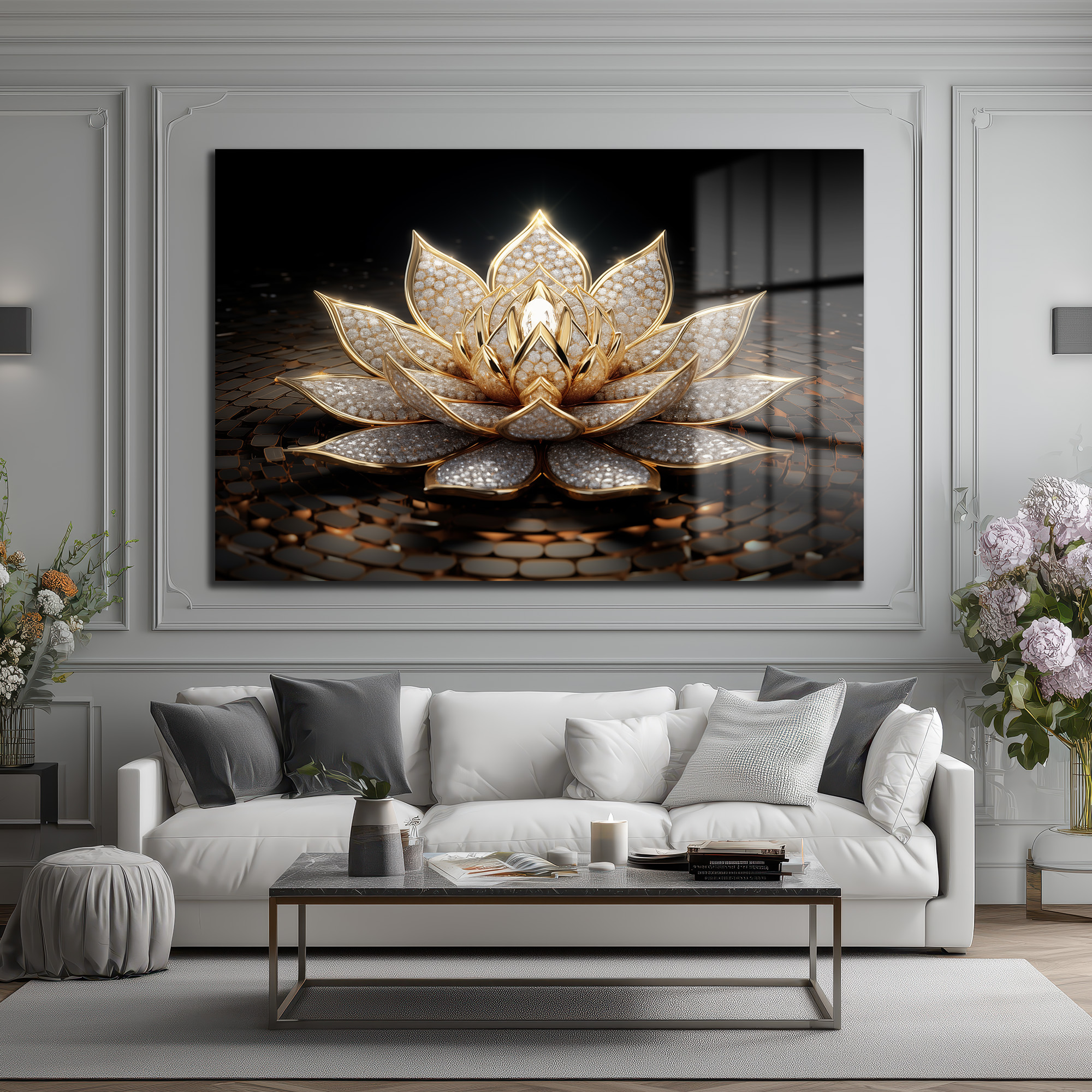 Işıltılı Altın Lotus Çiçeği Temalı Lüks Cam Tablo Duvar Dekoru Işıltılı Altın Lotus Çiçeği Temalı Lüks Cam Tablo