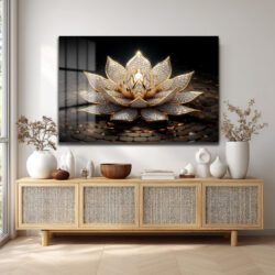 Işıltılı Altın Lotus Çiçeği Temalı Lüks Cam Tablo Duvar Dekoru Işıltılı Altın Lotus Çiçeği Temalı Lüks Cam Tablo