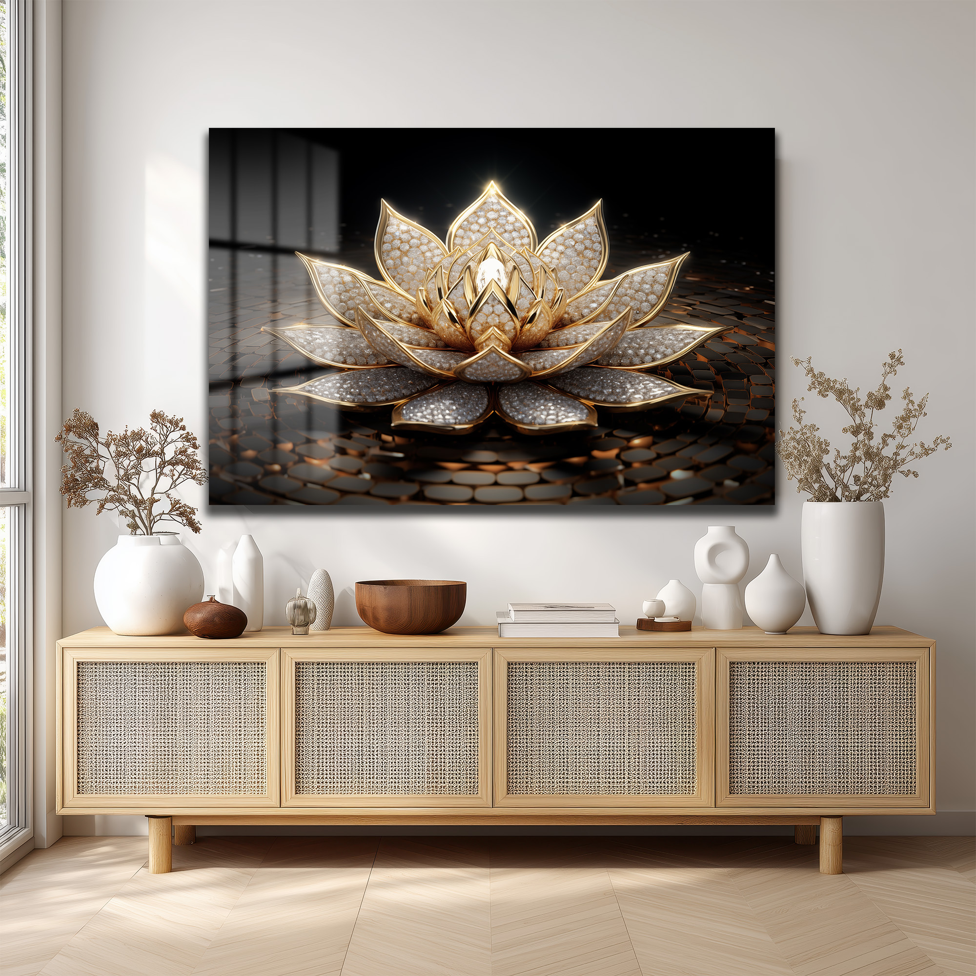 Işıltılı Altın Lotus Çiçeği Temalı Lüks Cam Tablo Duvar Dekoru Işıltılı Altın Lotus Çiçeği Temalı Lüks Cam Tablo