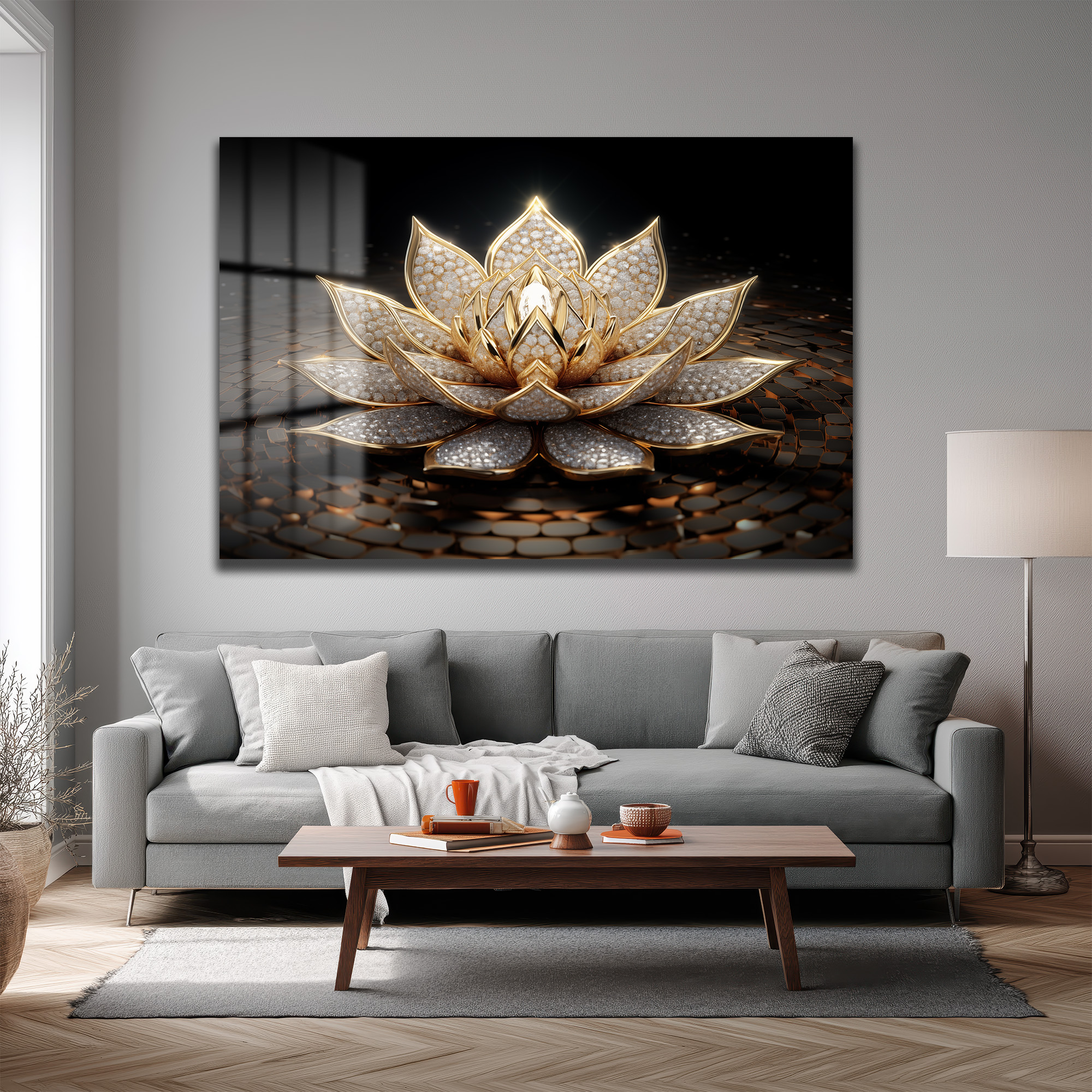 Işıltılı Altın Lotus Çiçeği Temalı Lüks Cam Tablo Duvar Dekoru Işıltılı Altın Lotus Çiçeği Temalı Lüks Cam Tablo
