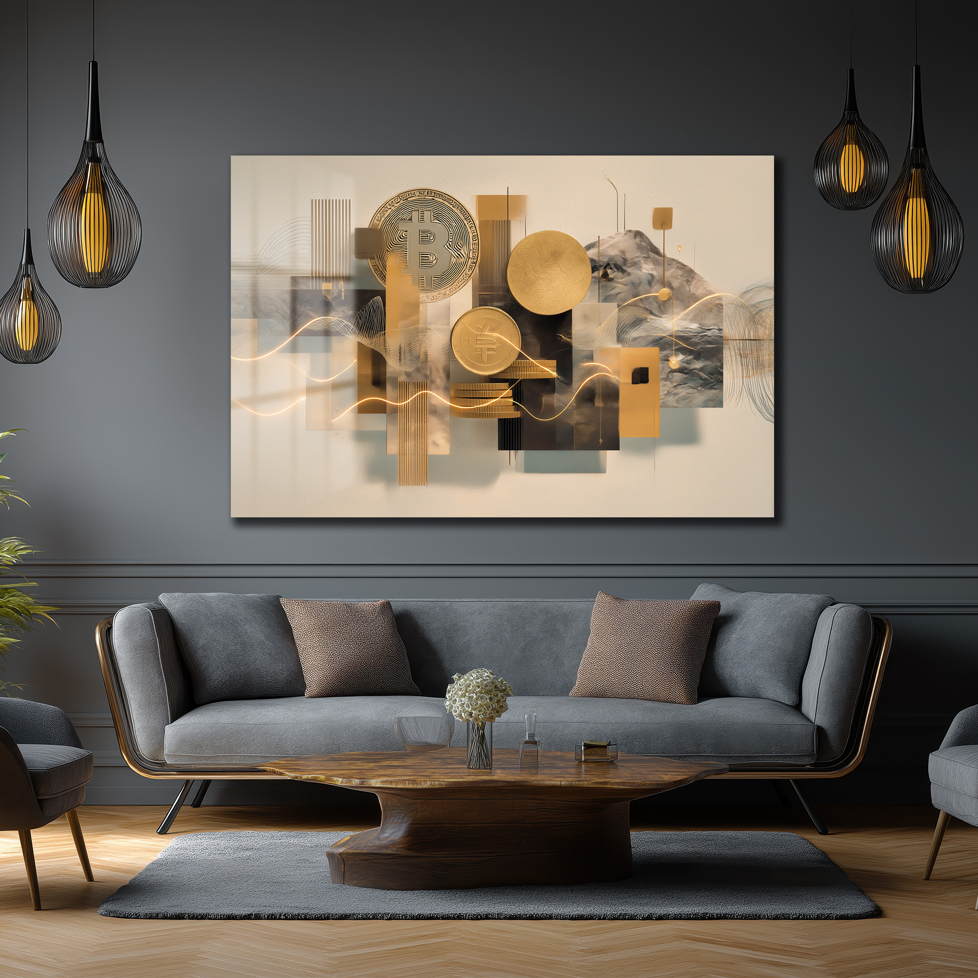 Bitcoin ve Geometrik Altın Detaylı Soyut Cam Tablo Duvar Dekoru Bitcoin ve Geometrik Altın Detaylı Soyut Cam Tablo