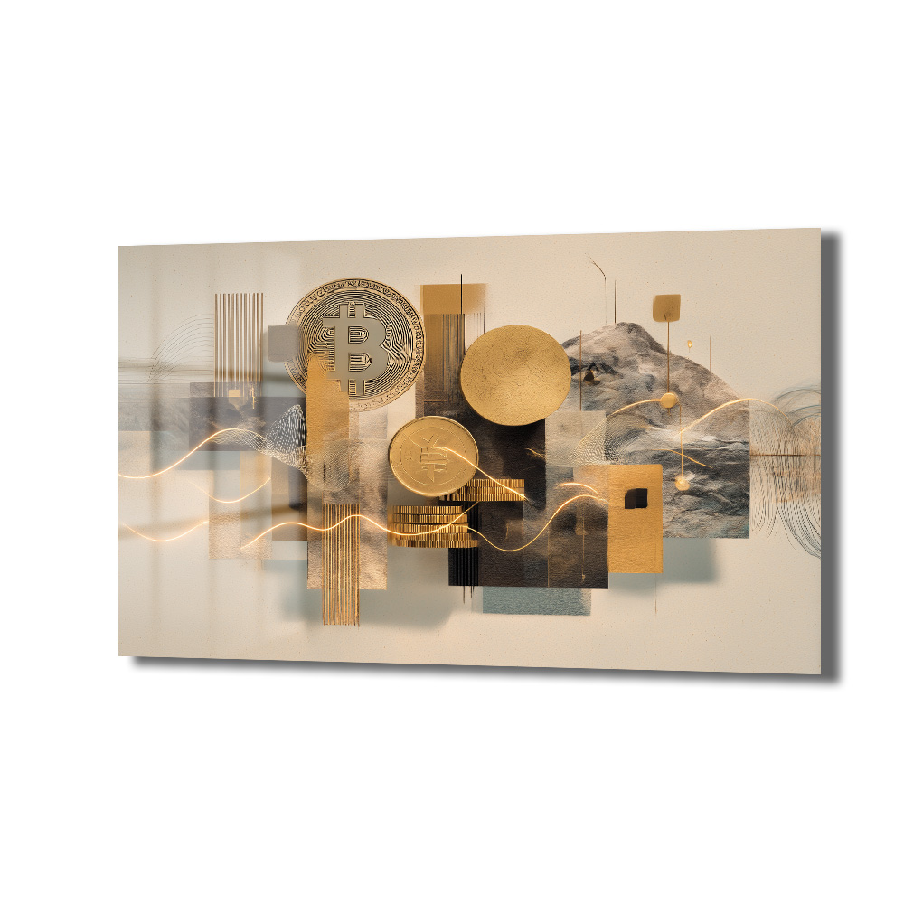 Bitcoin ve Geometrik Altın Detaylı Soyut Cam Tablo Duvar Dekoru Altın renkli Bitcoin ve diğer kripto para sembollerinin soyut geometrik şekillerle, dalgalı ışık çizgileriyle ve modern bir dağ manzarasıyla birleştiği, bej ve gri tonlarında lüks bir cam tablo.
