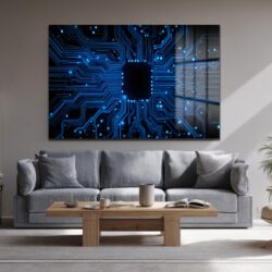 Fütüristik Mavi Devre Kartı Cam Tablo | Siber Akım Duvar Dekoru Fütüristik Mavi Devre Kartı Cam Tablo | Siber Akım