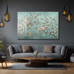 Zarif Çiçekli Dallarda Kuşlar Cam Tablo - Bahar Esintisi Duvar Dekoru Zarif Çiçekli Dallarda Kuşlar Cam Tablo - Bahar Esintisi