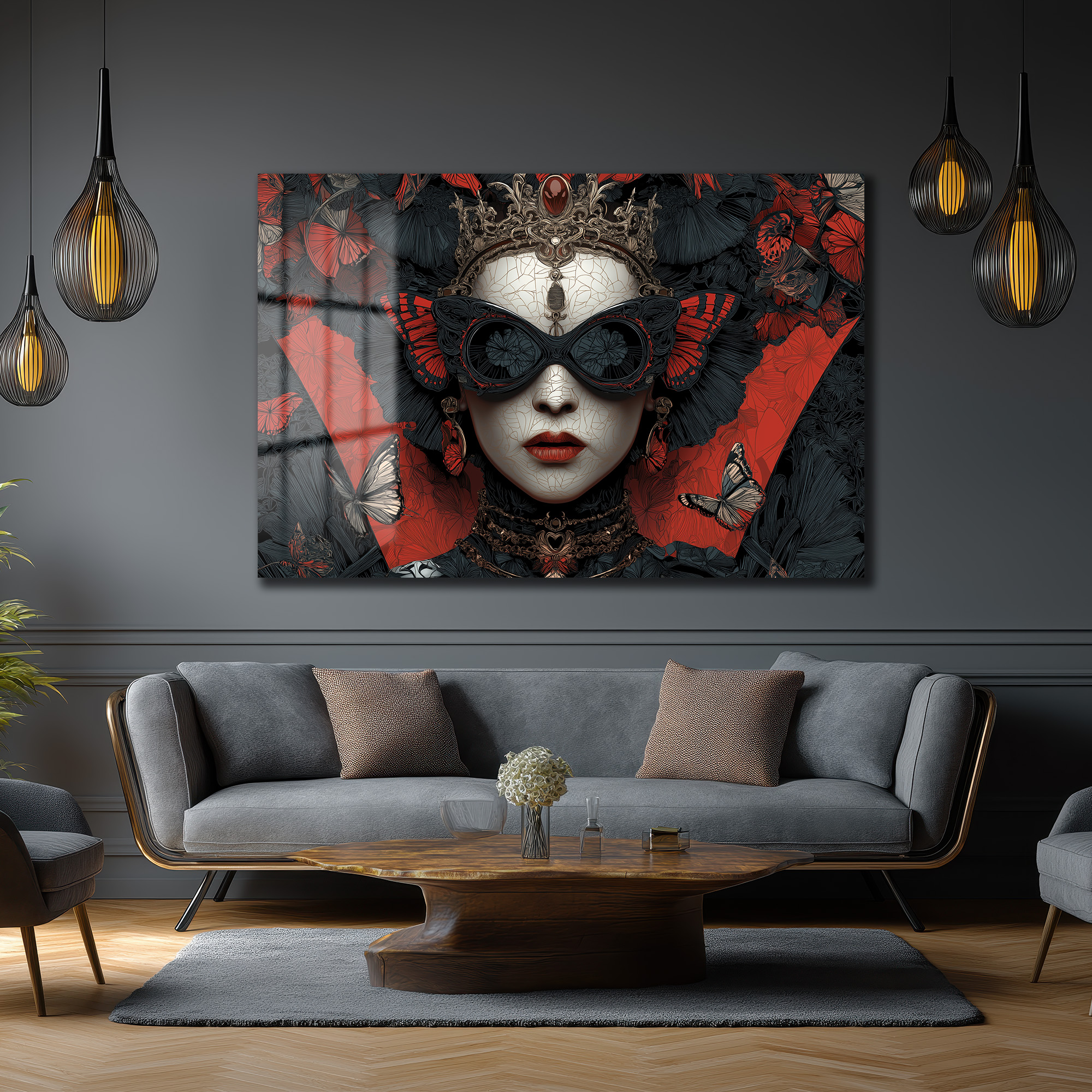 Kelebek Maskeli Kraliçe Cam Tablo - Gotik Sanat Duvar Dekoru - Glazella Kelebek Maskeli Kraliçe Cam Tablo - Gotik Sanat Duvar Dekoru - Glazella