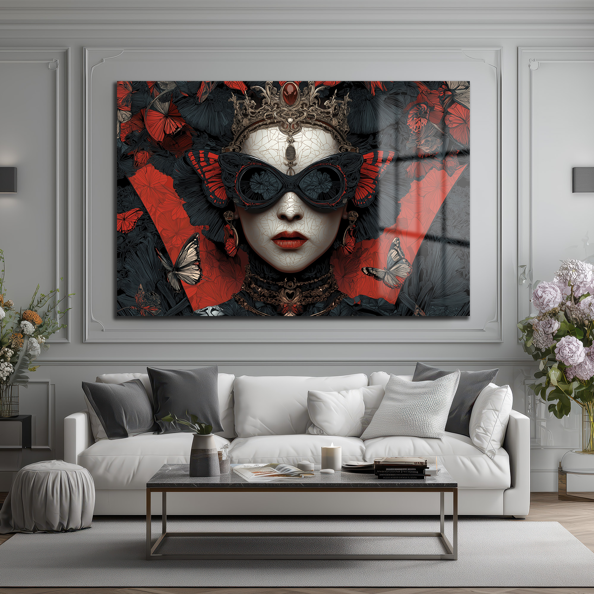 Kelebek Maskeli Kraliçe Cam Tablo - Gotik Sanat Duvar Dekoru - Glazella Kelebek Maskeli Kraliçe Cam Tablo - Gotik Sanat Duvar Dekoru - Glazella