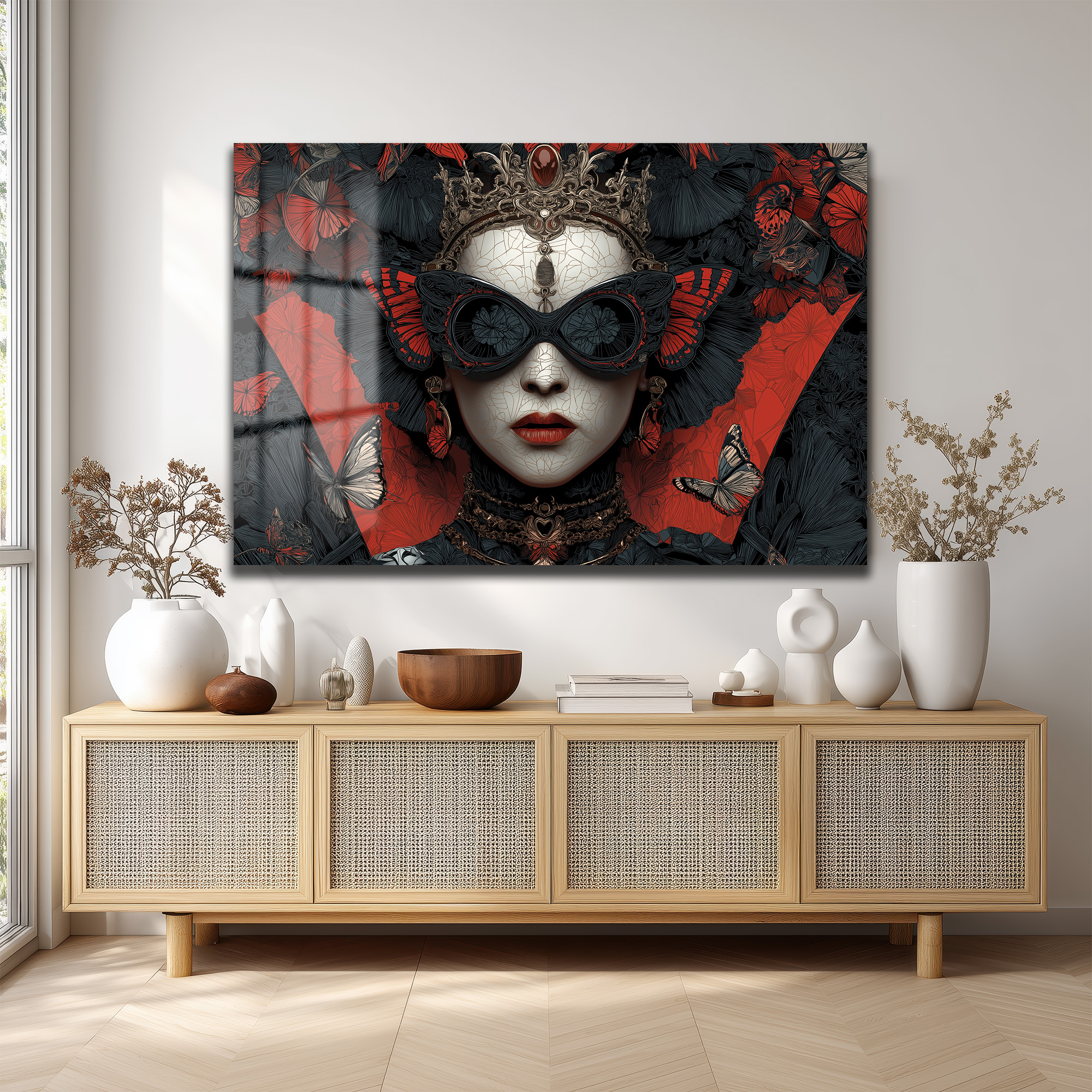 Kelebek Maskeli Kraliçe Cam Tablo - Gotik Sanat Duvar Dekoru - Glazella Kelebek Maskeli Kraliçe Cam Tablo - Gotik Sanat Duvar Dekoru - Glazella