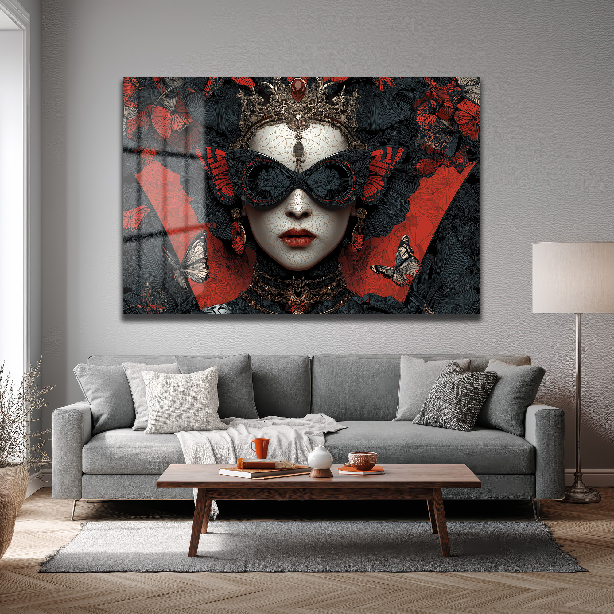 Kelebek Maskeli Kraliçe Cam Tablo - Gotik Sanat Duvar Dekoru - Glazella Kelebek Maskeli Kraliçe Cam Tablo - Gotik Sanat Duvar Dekoru - Glazella