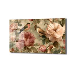 Kuşlar ve Romantik Şakayıklar Cam Tablo - Vintage Çiçek Sanatı - Glazella Kuşlar ve Romantik Şakayıklar Cam Tablo - Vintage Çiçek Sanatı - Glazella