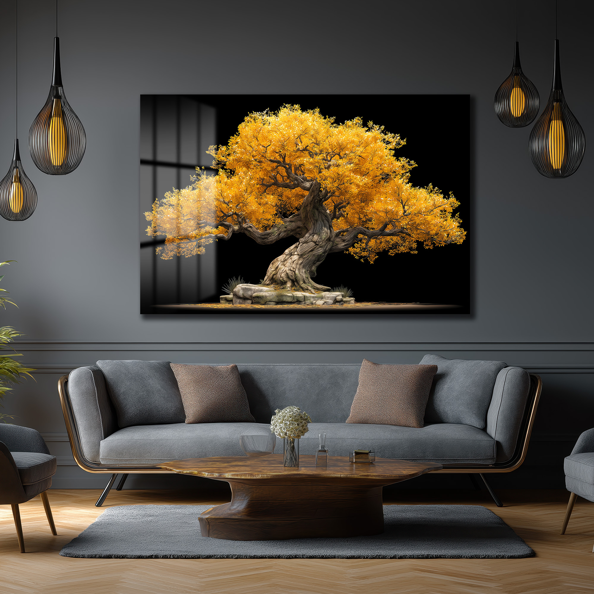 Altın Yapraklı Bonsai Ağacı Cam Tablo - Doğanın Gücü - Glazella Altın Yapraklı Bonsai Ağacı Cam Tablo - Doğanın Gücü - Glazella