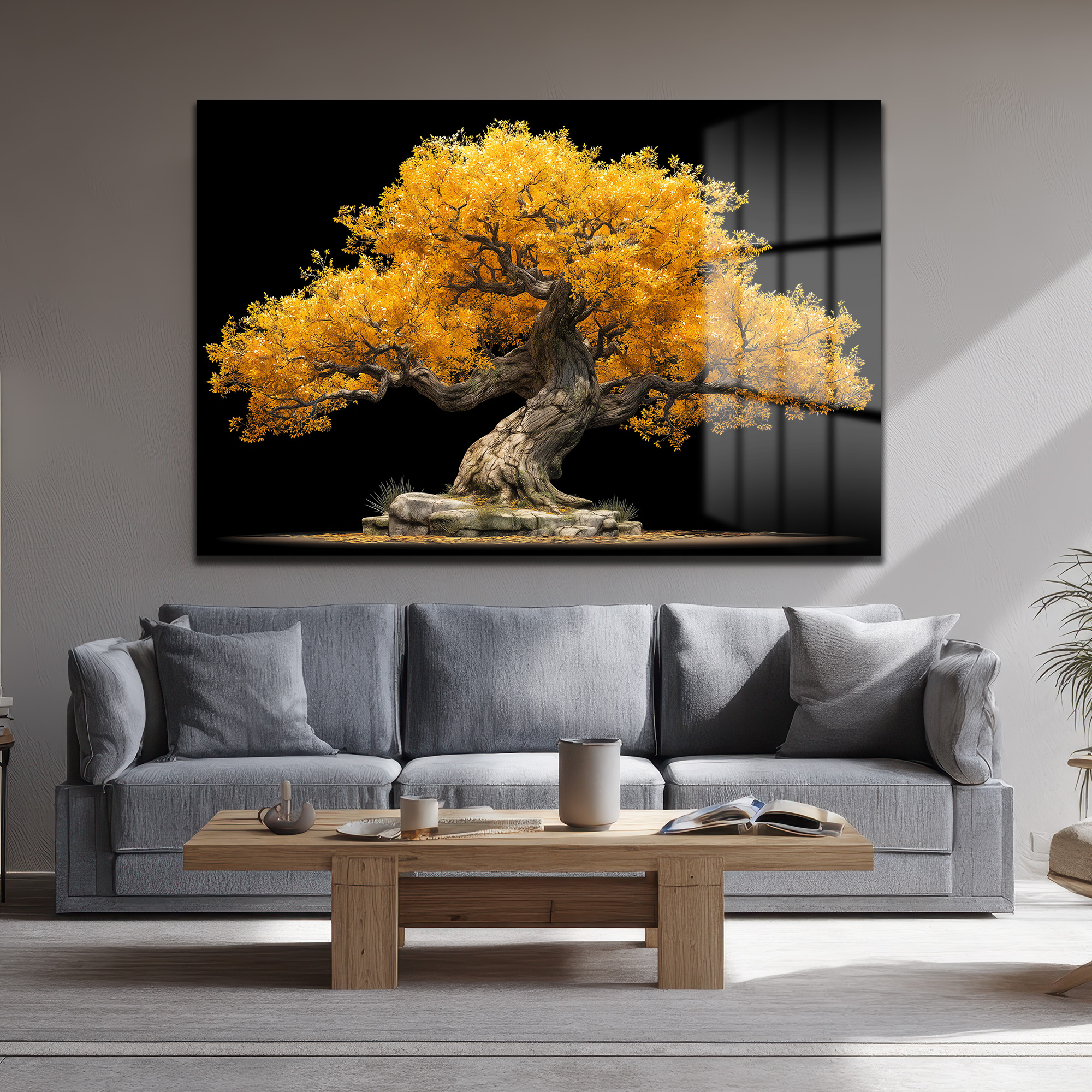 Altın Yapraklı Bonsai Ağacı Cam Tablo - Doğanın Gücü - Glazella Altın Yapraklı Bonsai Ağacı Cam Tablo - Doğanın Gücü - Glazella