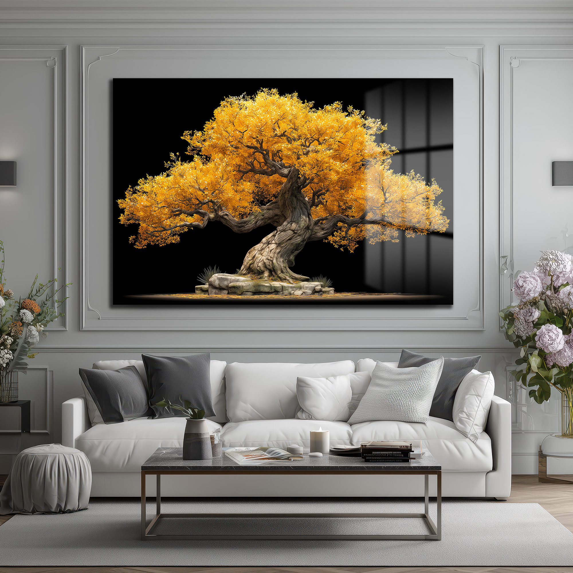 Altın Yapraklı Bonsai Ağacı Cam Tablo - Doğanın Gücü - Glazella Altın Yapraklı Bonsai Ağacı Cam Tablo - Doğanın Gücü - Glazella