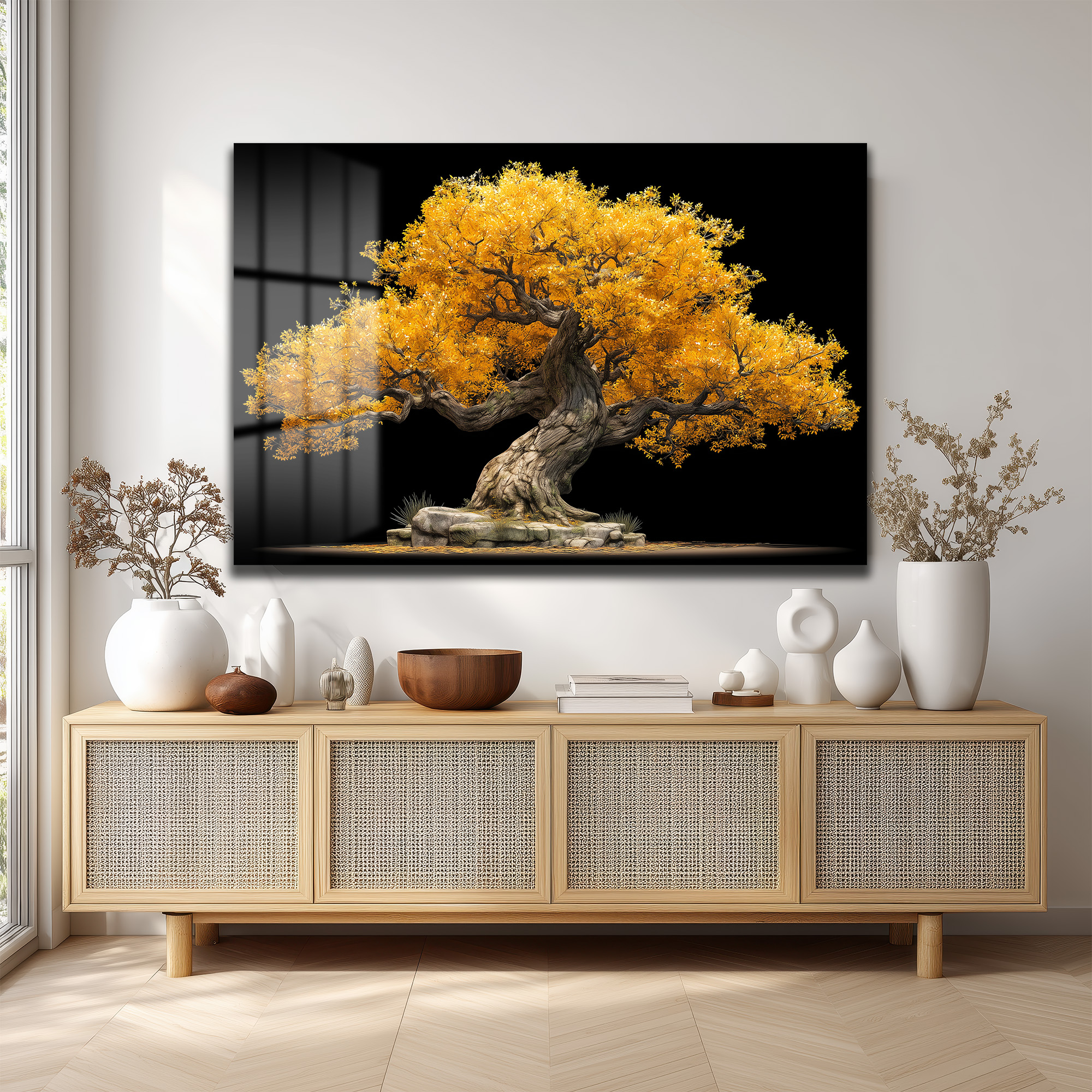 Altın Yapraklı Bonsai Ağacı Cam Tablo - Doğanın Gücü - Glazella Altın Yapraklı Bonsai Ağacı Cam Tablo - Doğanın Gücü - Glazella