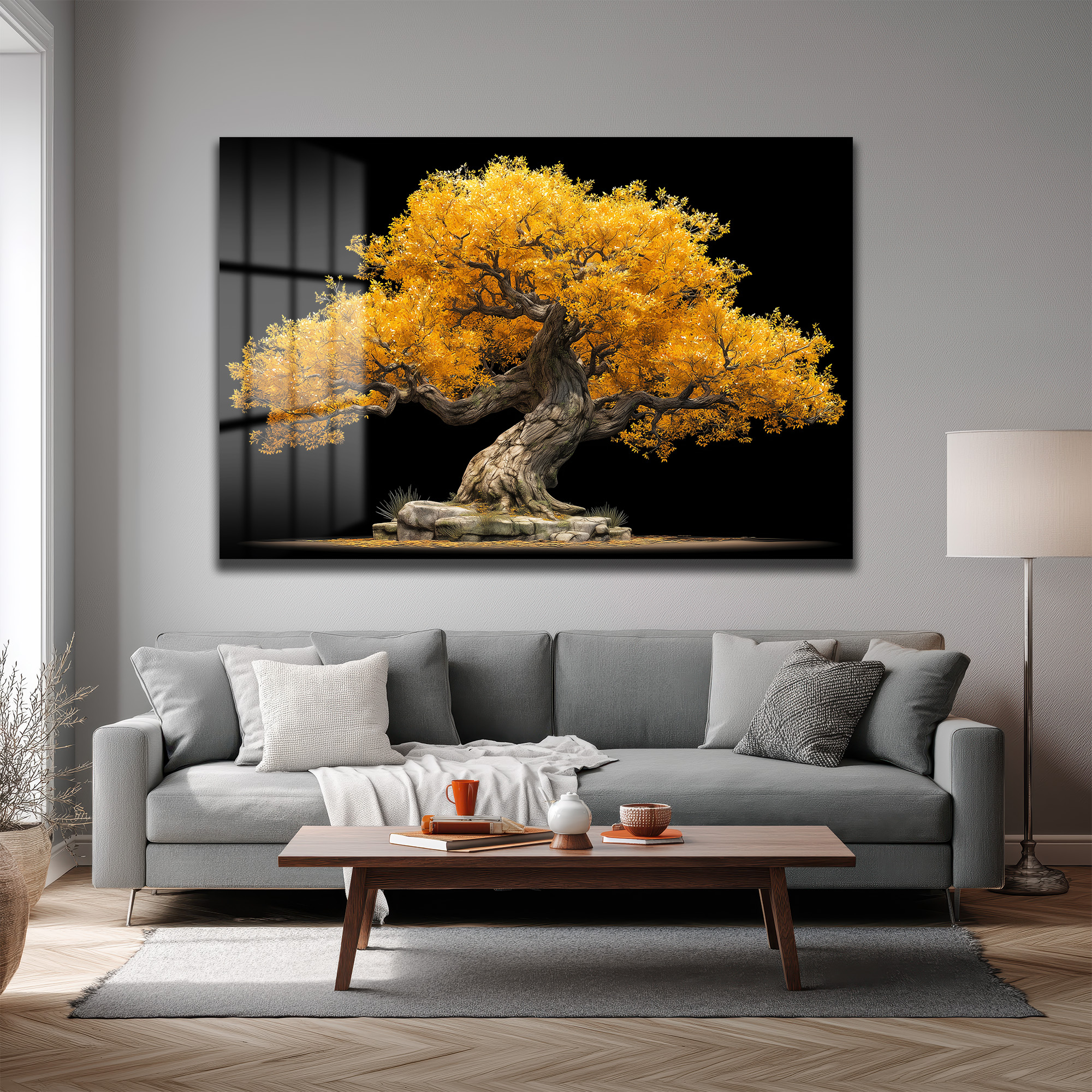 Altın Yapraklı Bonsai Ağacı Cam Tablo - Doğanın Gücü - Glazella Altın Yapraklı Bonsai Ağacı Cam Tablo - Doğanın Gücü - Glazella