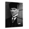 Siyah beyaz tonlarda Mustafa Kemal Atatürk'ün ciddi ve asil bir duruşla, hafifçe sola dönük poz verdiği, başında kalpak ve üzerinde takım elbise olan portresi. Resmin sağ tarafında dikey çizgili, yansımalı bir efekt bulunmaktadır.