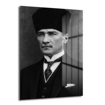 Siyah beyaz tonlarda Mustafa Kemal Atatürk'ün ciddi ve asil bir duruşla, hafifçe sola dönük poz verdiği, başında kalpak ve üzerinde takım elbise olan portresi. Resmin sağ tarafında dikey çizgili, yansımalı bir efekt bulunmaktadır.