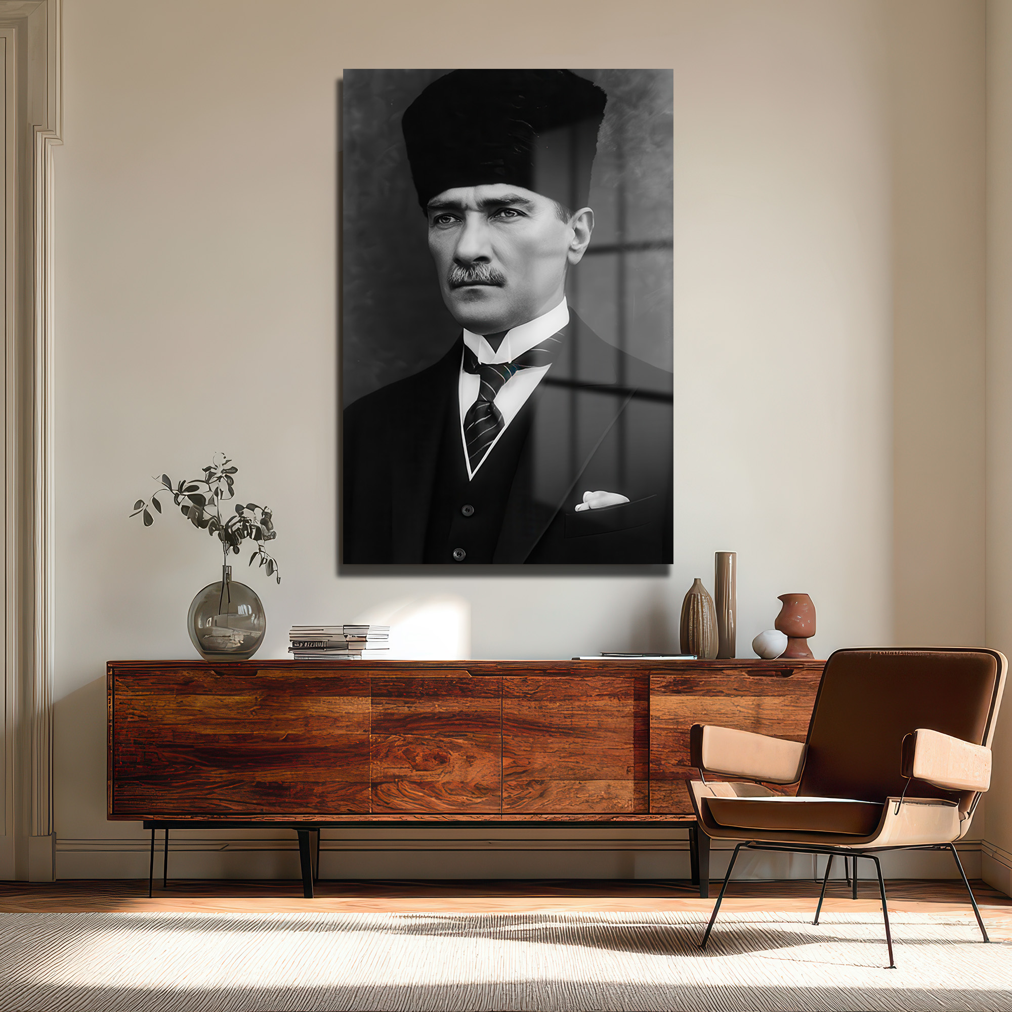 Atatürk'ün Asil Bakışı: Siyah Beyaz Temperli Cam Tablo - Glazella Atatürk'ün Asil Bakışı: Siyah Beyaz Temperli Cam Tablo - Glazella