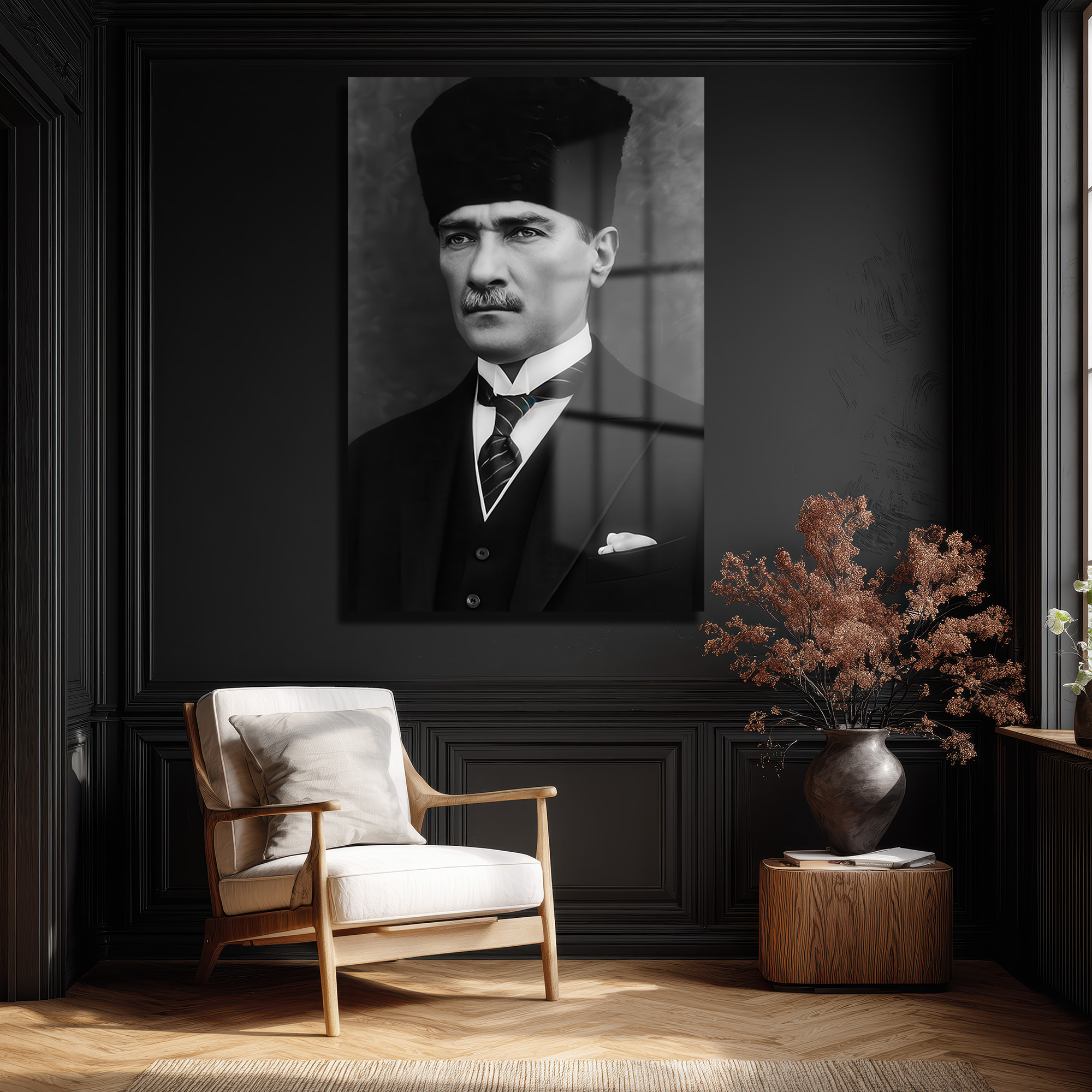 Atatürk'ün Asil Bakışı: Siyah Beyaz Temperli Cam Tablo - Glazella Atatürk'ün Asil Bakışı: Siyah Beyaz Temperli Cam Tablo - Glazella