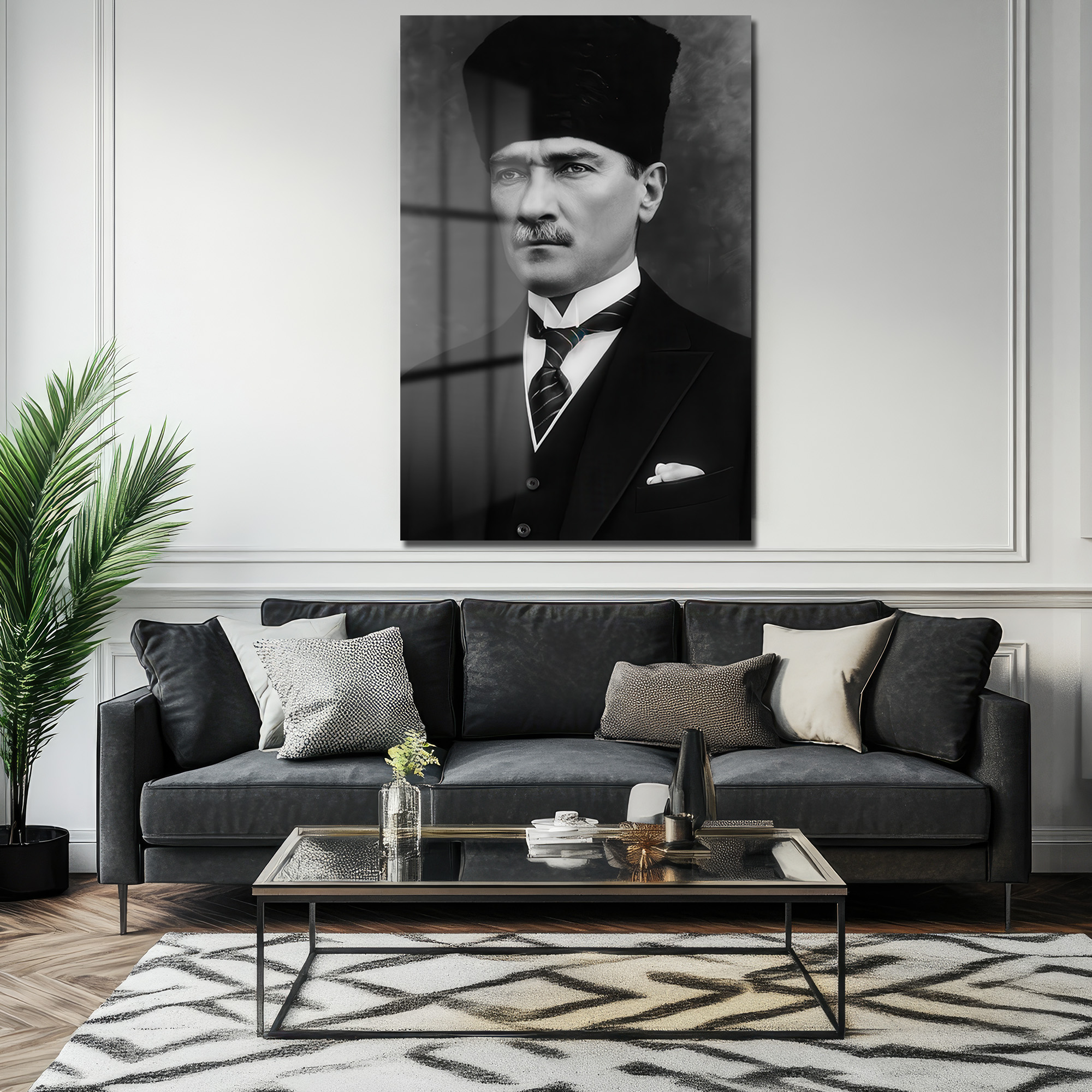 Atatürk'ün Asil Bakışı: Siyah Beyaz Temperli Cam Tablo - Glazella Atatürk'ün Asil Bakışı: Siyah Beyaz Temperli Cam Tablo - Glazella