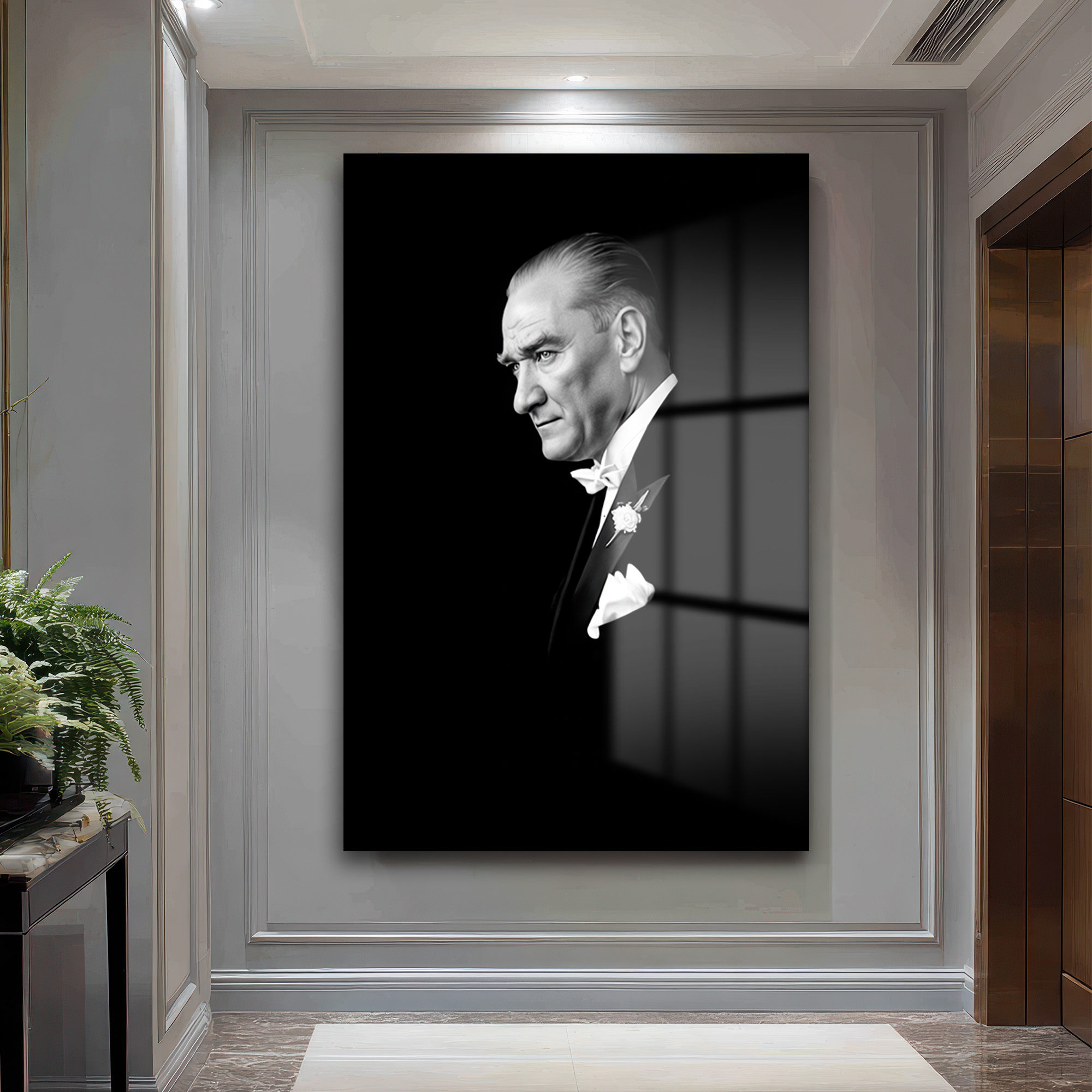 Atatürk'ün Vakur Bakışı: Siyah Beyaz Lider Portresi Cam Tablo Duvar Dekoru Atatürk'ün Vakur Bakışı: Siyah Beyaz Lider Portresi Cam Tablo