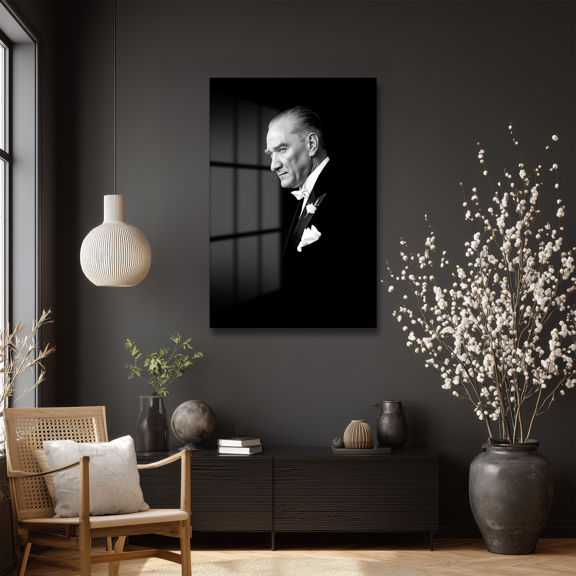 Atatürk'ün Vakur Bakışı: Siyah Beyaz Lider Portresi Cam Tablo Duvar Dekoru Atatürk'ün Vakur Bakışı: Siyah Beyaz Lider Portresi Cam Tablo