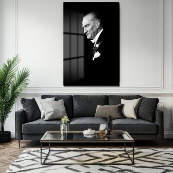 Atatürk'ün Vakur Bakışı: Siyah Beyaz Lider Portresi Cam Tablo - Glazella