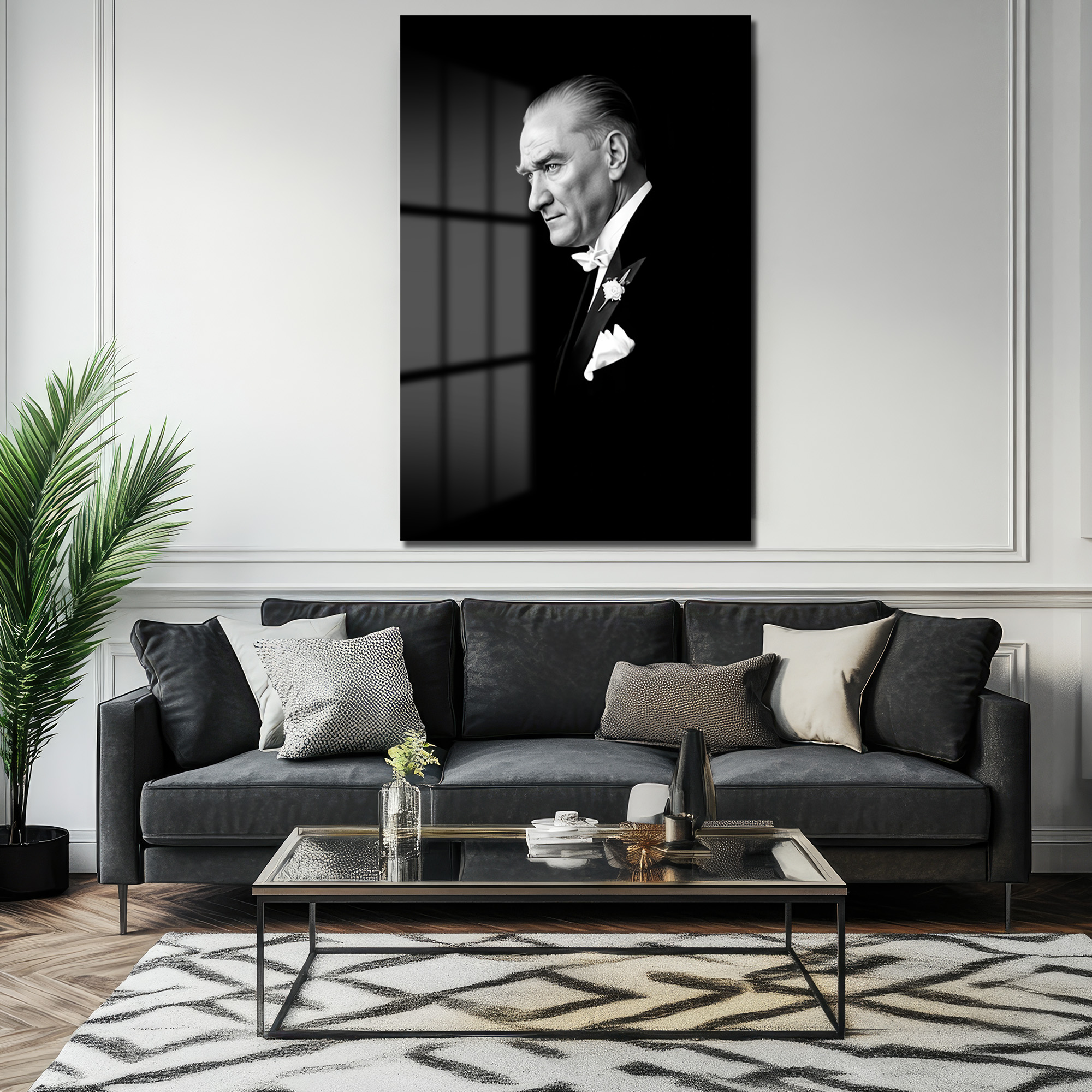 Atatürk'ün Vakur Bakışı: Siyah Beyaz Lider Portresi Cam Tablo Duvar Dekoru Atatürk'ün Vakur Bakışı: Siyah Beyaz Lider Portresi Cam Tablo
