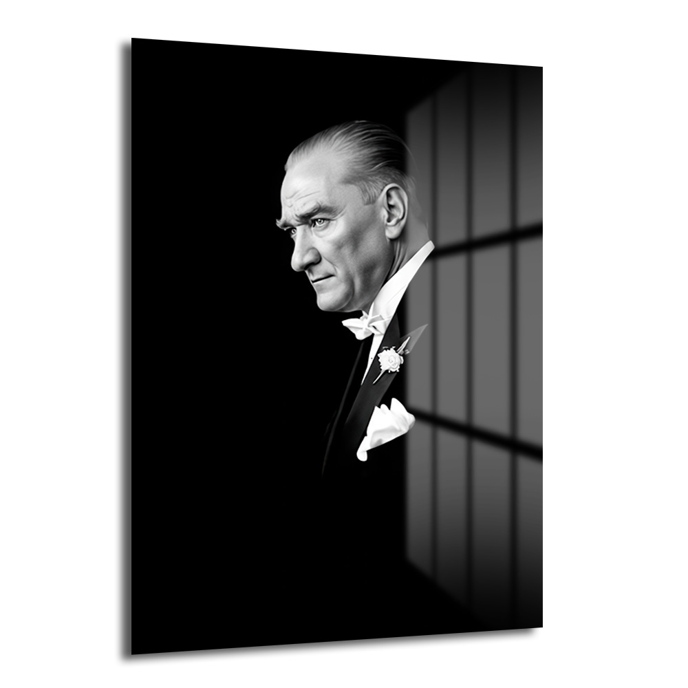 Atatürk'ün Vakur Bakışı: Siyah Beyaz Lider Portresi Cam Tablo Duvar Dekoru Mustafa Kemal Atatürk'ün siyah beyaz, şık bir smokinle sol tarafa doğru baktığı, vakur ve düşünceli bir ifadeye sahip, cam üzerine basılmış portre tablosu. Arka plan koyu tonlarda olup, sağda dikey çizgilerle hafifçe aydınlatılmış bir pencere detayı görülmektedir.