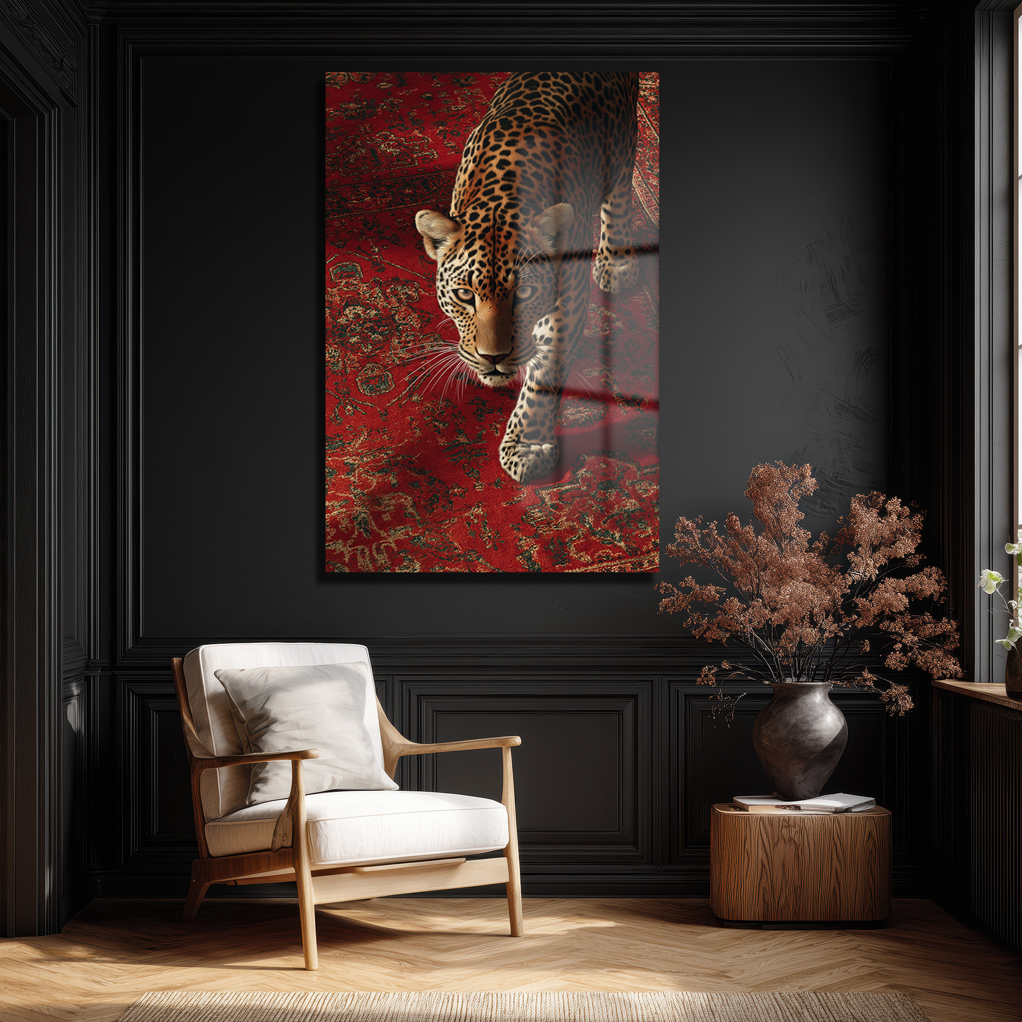 Kırmızı Halıda Yürüyen Leopar Cam Tablo - Vahşi Zarafet - Glazella Kırmızı Halıda Yürüyen Leopar Cam Tablo - Vahşi Zarafet - Glazella