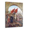 Fatih Sultan Mehmet'in İstanbul'a Girişi Temalı Cam Tablo Duvar Dekoru Fatih Sultan Mehmet'in beyaz at üzerinde ordusuyla İstanbul'a muzaffer girişini gösteren, görkemli bir tarihi sahneyi betimleyen oryantalist tarzda bir cam tablo.