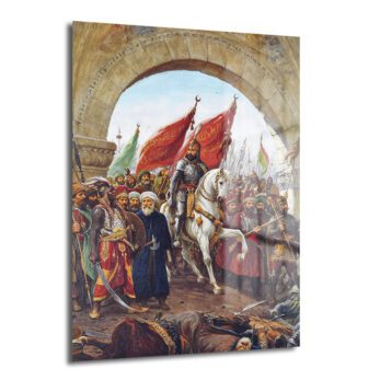 Fatih Sultan Mehmet'in beyaz at üzerinde ordusuyla İstanbul'a muzaffer girişini gösteren, görkemli bir tarihi sahneyi betimleyen oryantalist tarzda bir cam tablo.