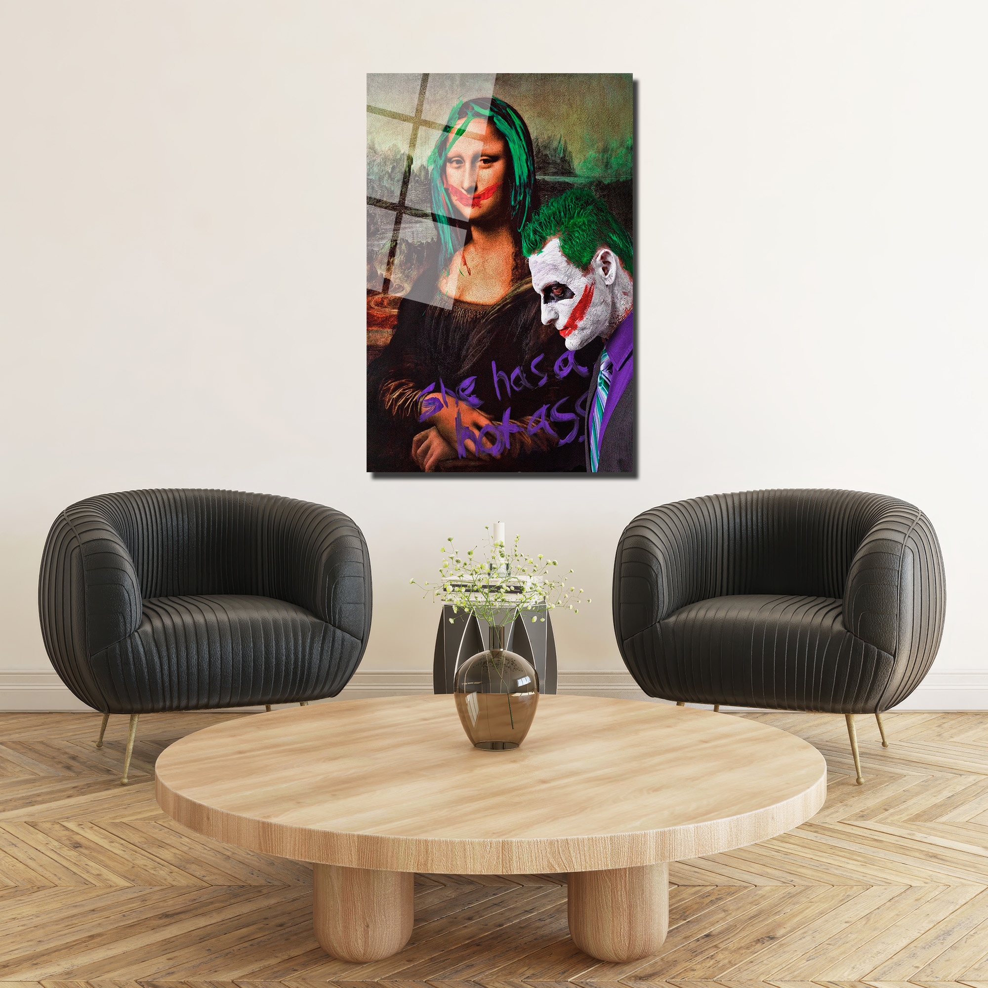 Mona Lisa ve Joker Temalı Asi Ruh Pop Art Cam Tablo Duvar Dekoru Mona Lisa ve Joker Temalı Asi Ruh Pop Art Cam Tablo