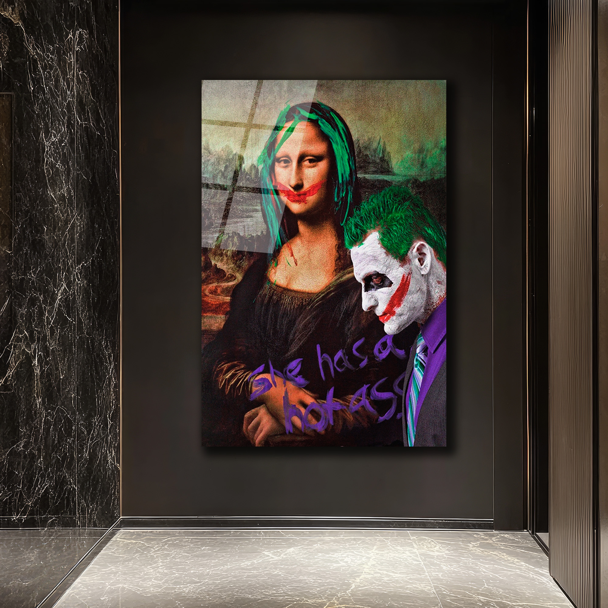 Mona Lisa ve Joker Temalı Asi Ruh Pop Art Cam Tablo Duvar Dekoru Mona Lisa ve Joker Temalı Asi Ruh Pop Art Cam Tablo