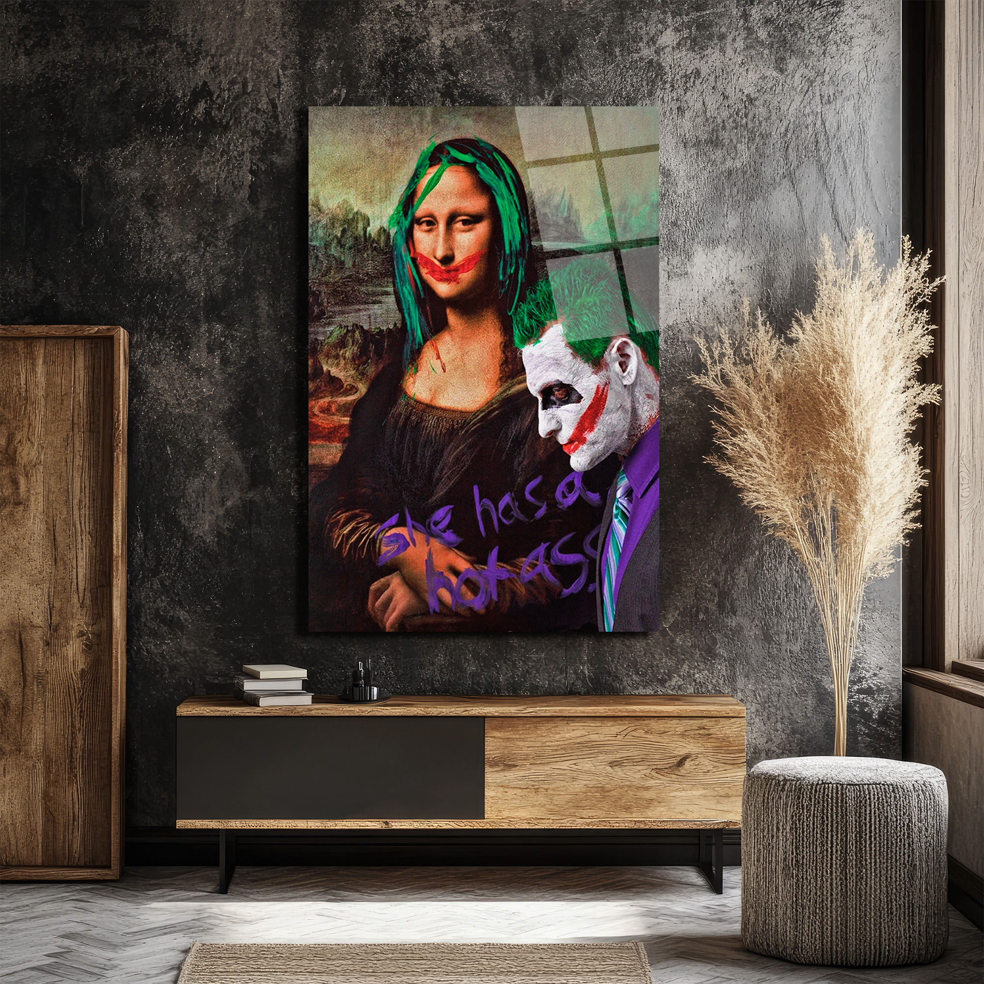 Mona Lisa ve Joker Temalı Asi Ruh Pop Art Cam Tablo Duvar Dekoru Mona Lisa ve Joker Temalı Asi Ruh Pop Art Cam Tablo