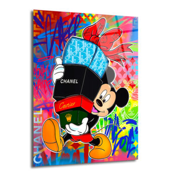Renkli graffiti arka planı üzerinde, hediye kutularını taşıyan neşeli karakterini gösteren pop art tarzı cam tablo.