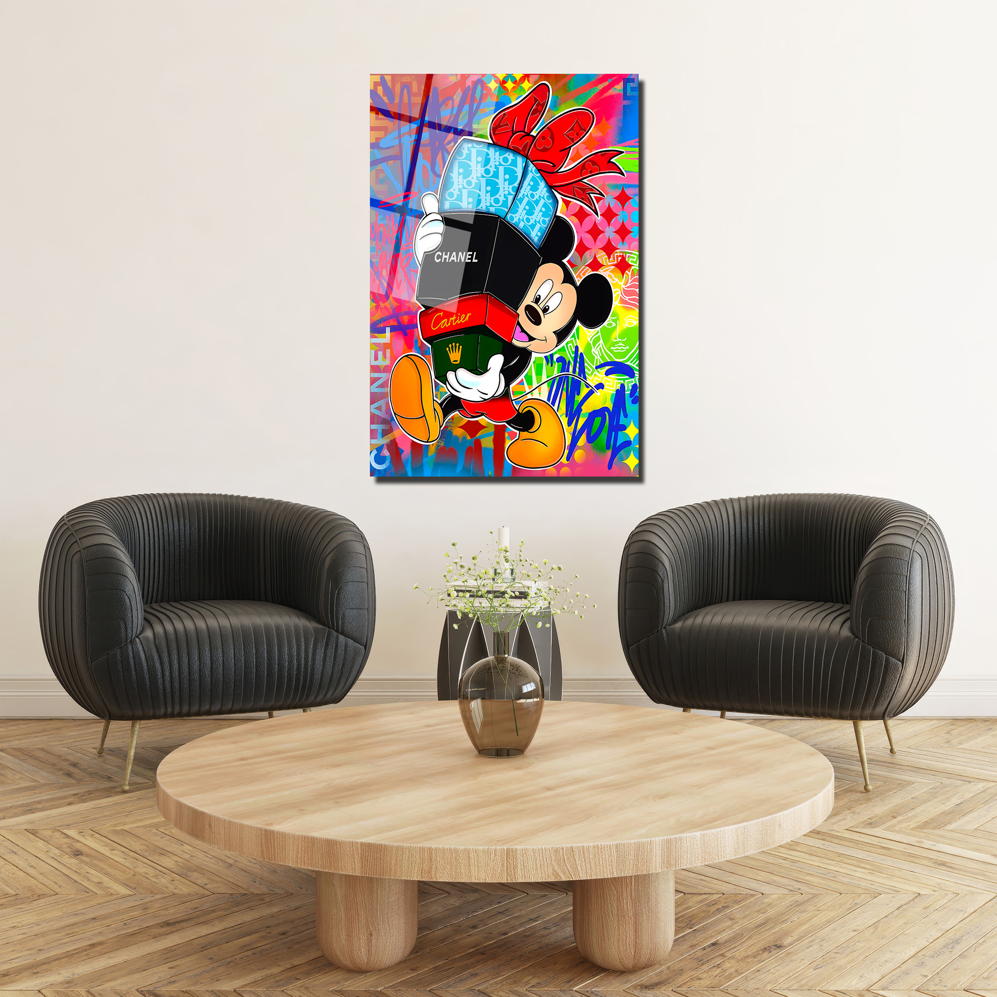 Lüks Markalı Sevimli Fare Pop Art Cam Tablo Duvar Dekoru Lüks Markalı Sevimli Fare Pop Art Cam Tablo