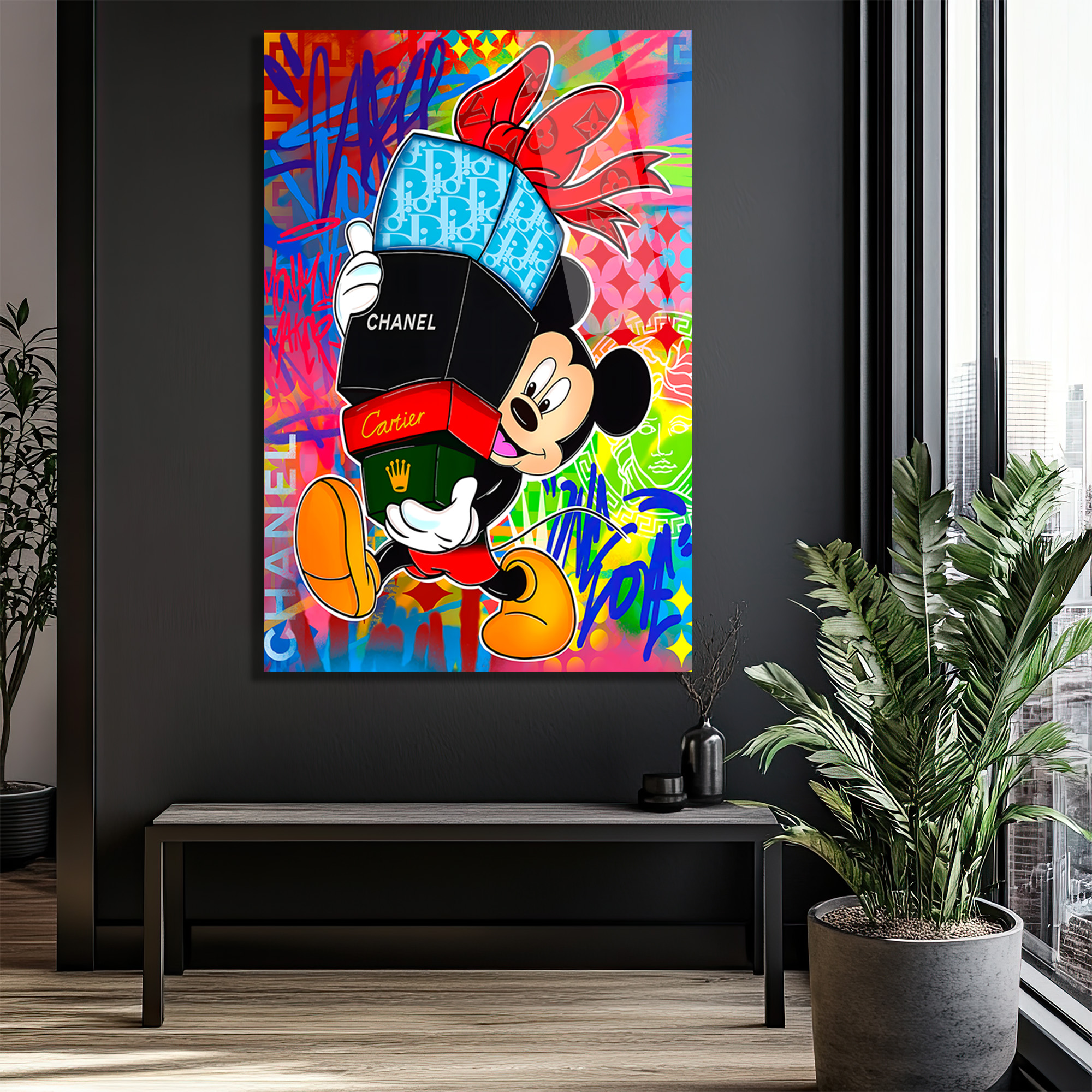 Lüks Markalı Sevimli Fare Pop Art Cam Tablo Duvar Dekoru Lüks Markalı Sevimli Fare Pop Art Cam Tablo