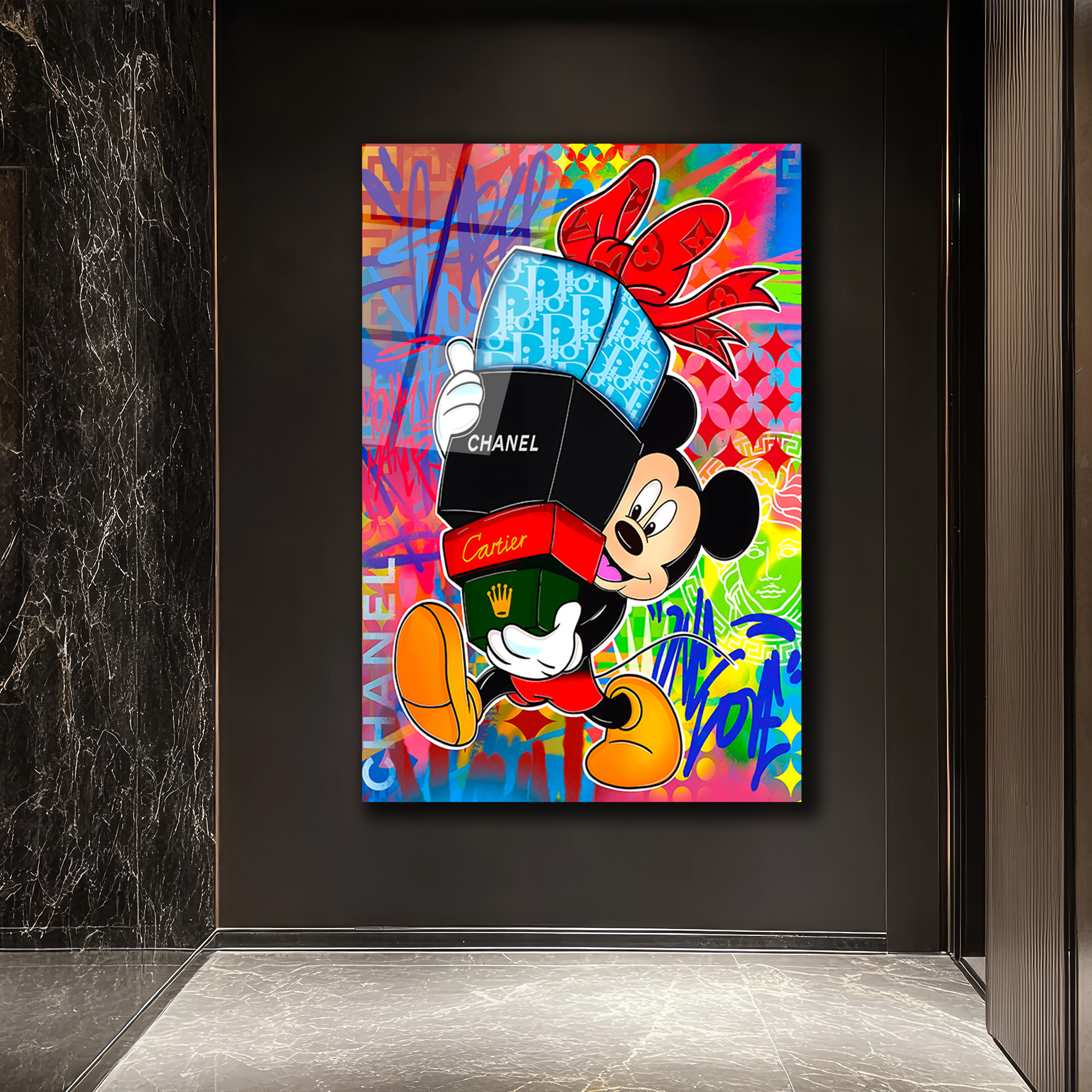 Lüks Markalı Sevimli Fare Pop Art Cam Tablo Duvar Dekoru Lüks Markalı Sevimli Fare Pop Art Cam Tablo