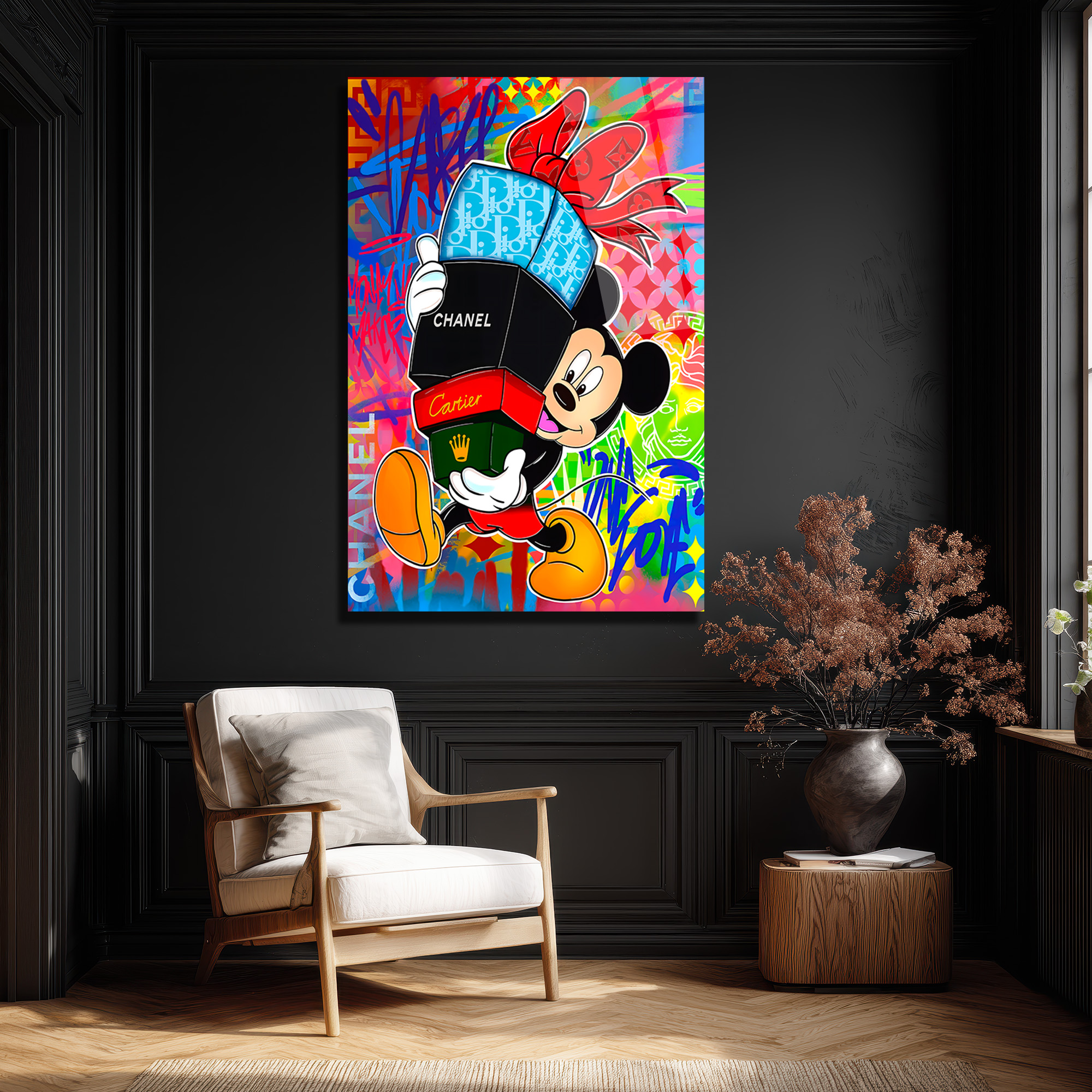 Lüks Markalı Sevimli Fare Pop Art Cam Tablo Duvar Dekoru Lüks Markalı Sevimli Fare Pop Art Cam Tablo
