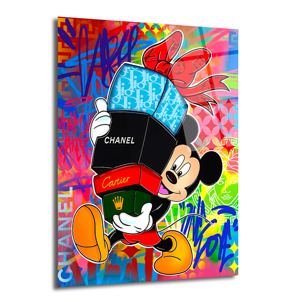 Lüks Markalı Sevimli Fare Pop Art Cam Tablo Duvar Dekoru Renkli graffiti arka planı üzerinde, hediye kutularını taşıyan neşeli karakterini gösteren pop art tarzı cam tablo.