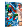 Zenginlik ve Başarı Temalı Pop Art Cam Tablo Duvar Dekoru Mavi graffiti arka planında, elinde deste deste para tutan Şansal Amca) ve karizmatik bir iş adamı figürünün yer aldığı, üzerinde 'WORK HARD PLAY HARDER' gibi motivasyonel sözler bulunan dinamik ve renkli bir cam tablo.